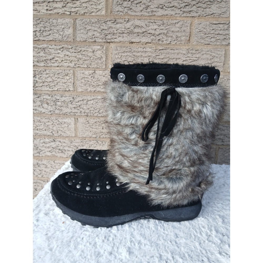 Bass Women's Faux Fur Black Seude Studded Mid-Calf Boots Sz 8 Boho